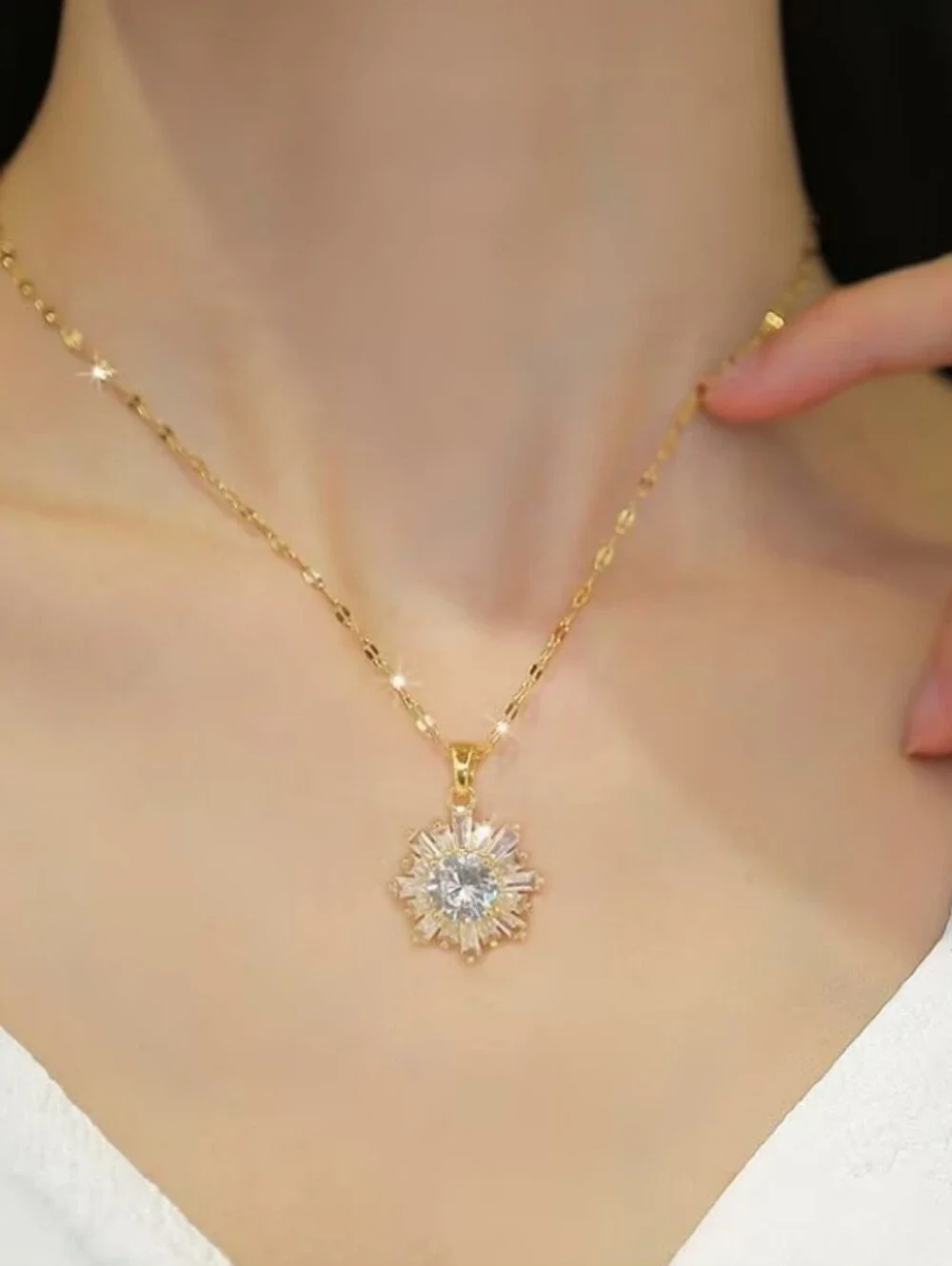 NEW! 14k Gold Plated Elegant CZ Sunburst Pendant Necklace- Women's Jewelry